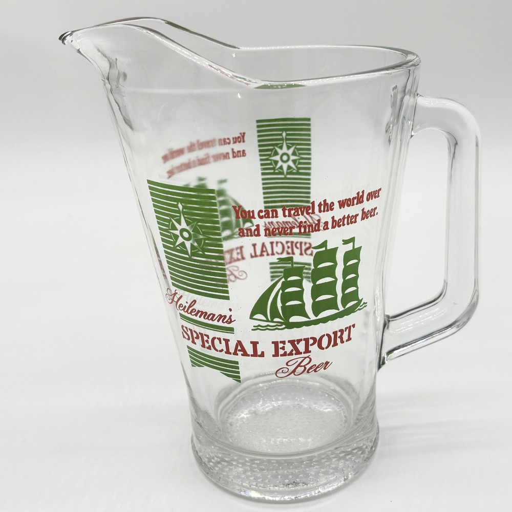 Heilemans Special Export Beer Pitcher Vintage Clear Glass Green Red Ship Logo